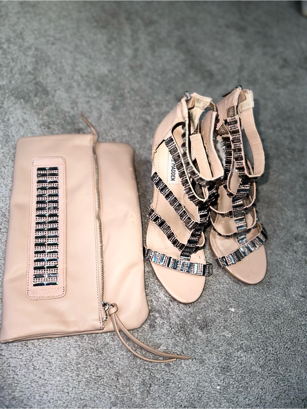 Steve Madden Nude Rhinestone Strappy Heels with Matching Clutch